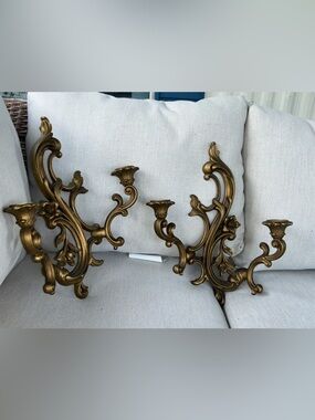 Vintage MCM Dart Ornate Double-Arm Wall Sconces - Gold Finish